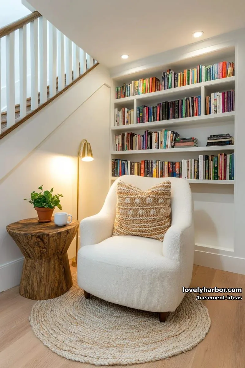 15 Creative Basement Design Ideas with Wow Factor 2 cozy reading nook with built-in bookshelves and soft layered lighting. 1