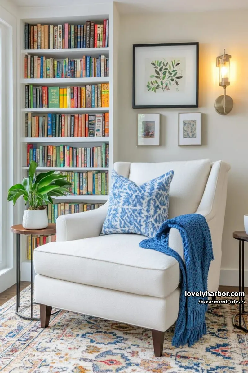 15 Creative Basement Design Ideas with Wow Factor 3 cozy reading nook with built-in bookshelves and soft layered lighting. 1