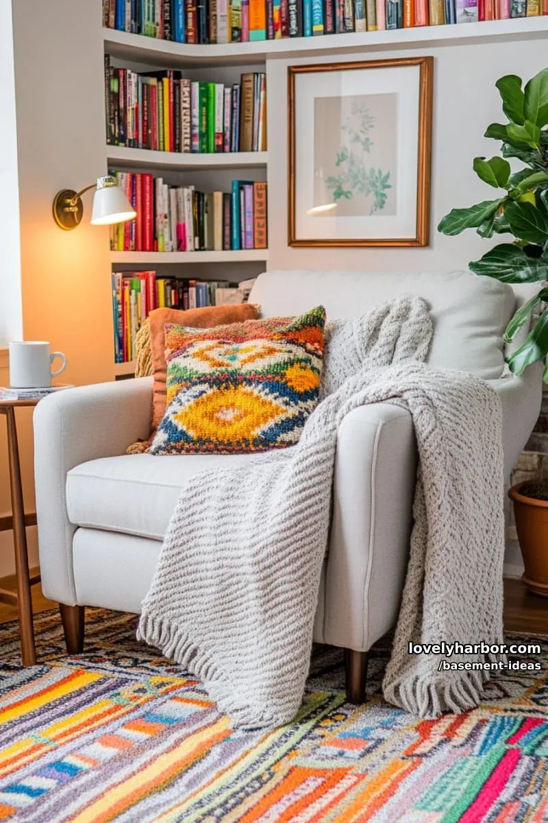 15 Creative Basement Design Ideas with Wow Factor 4 cozy reading nook with built-in bookshelves and soft layered lighting. 1