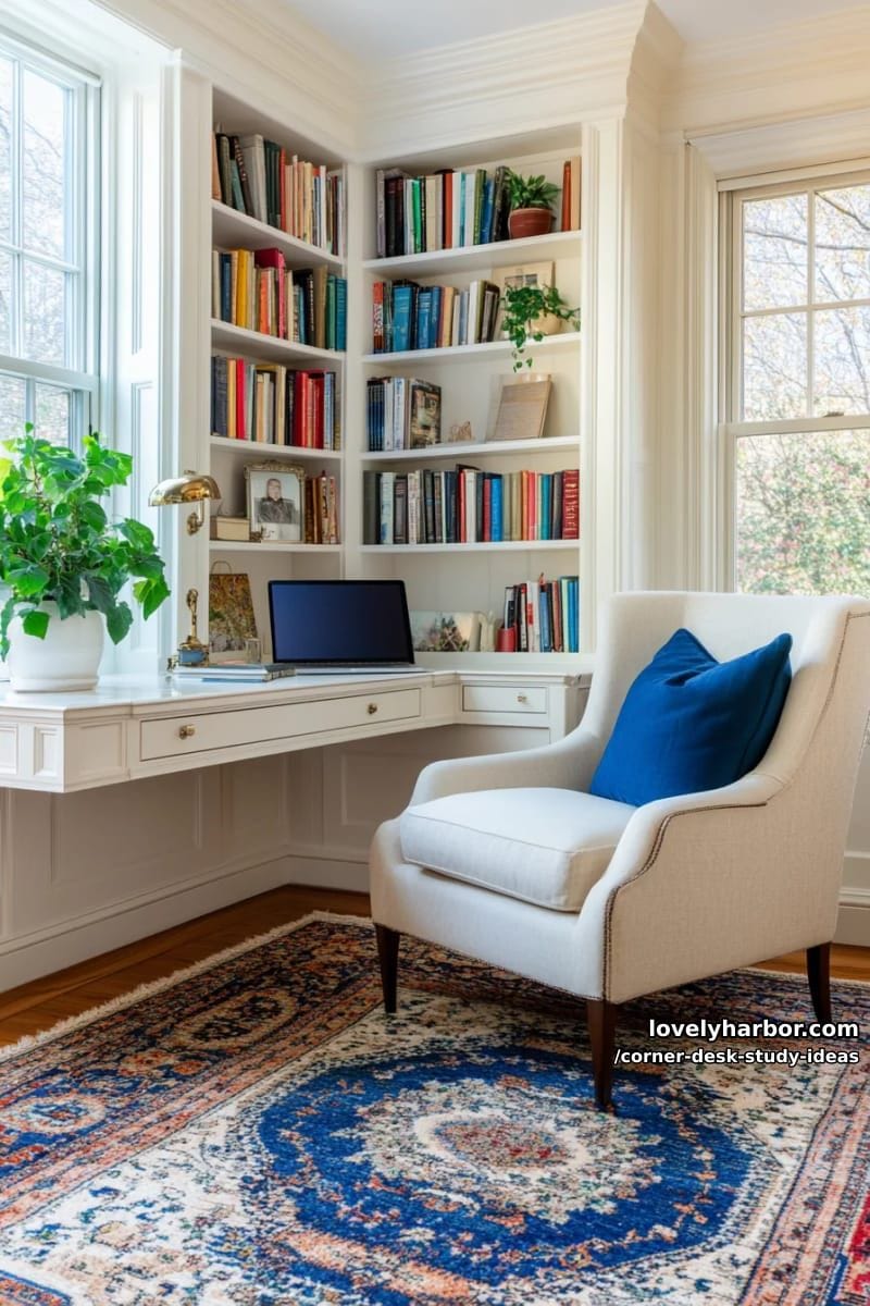 cozy reading nook with l-shaped desk, soft rug, and vintage lamp 1