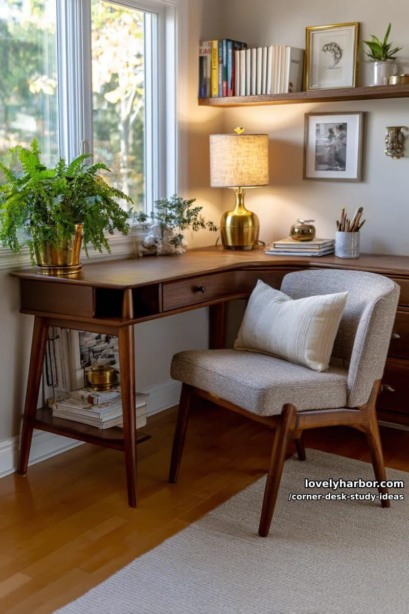 cozy reading nook with l-shaped desk, soft rug, and vintage lamp 1