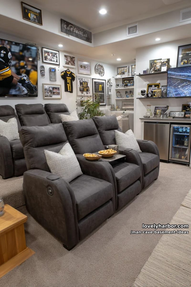 cozy sports den with stadium seating, memorabilia walls, and mini fridge 1