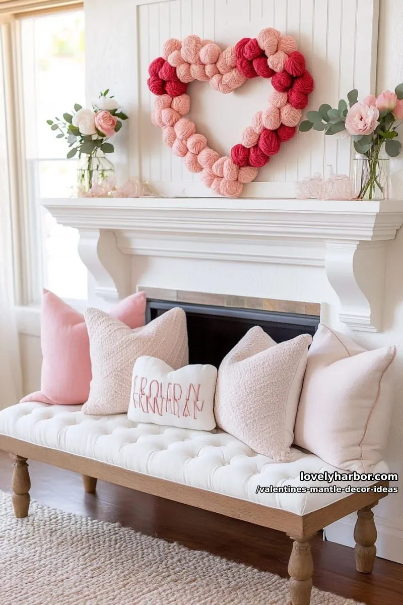 cozy textured pillows and a handmade pom-pom heart wreath centerpiece 1