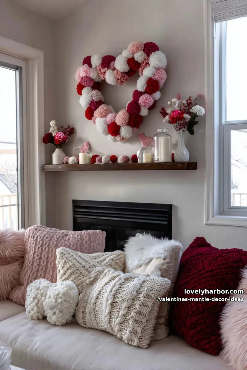 cozy textured pillows and a handmade pom-pom heart wreath centerpiece 1