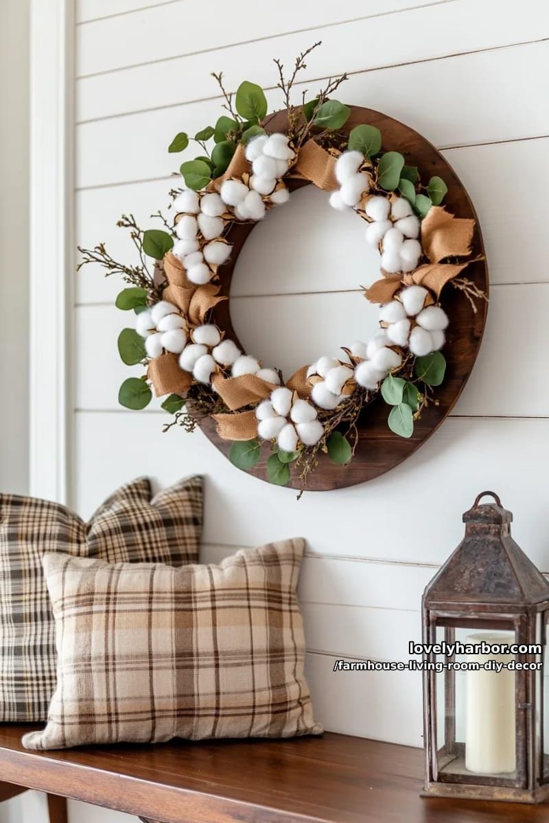 15 Farmhouse Living Room DIY Decor Ideas for a Cozy Space 14 craft a cotton stem wreath on a shiplap-style round wood base. 1