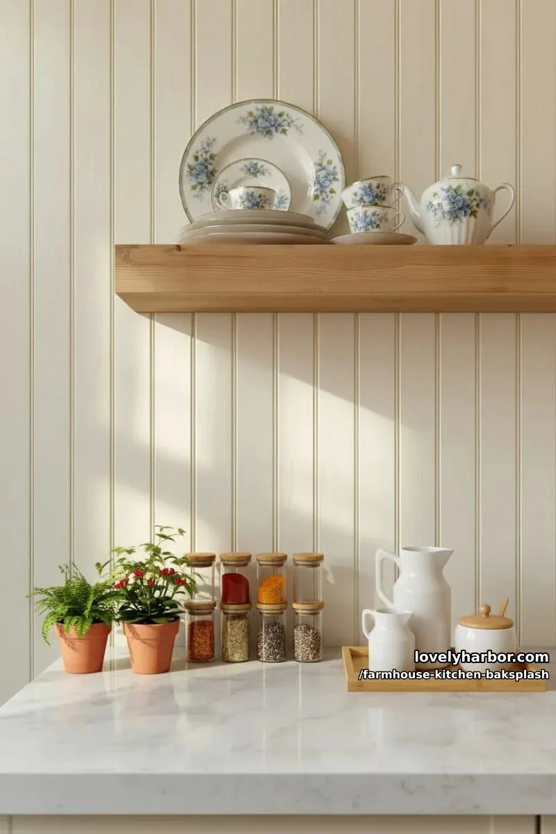creamy shiplap backsplash topped with a floating natural wood shelf 1