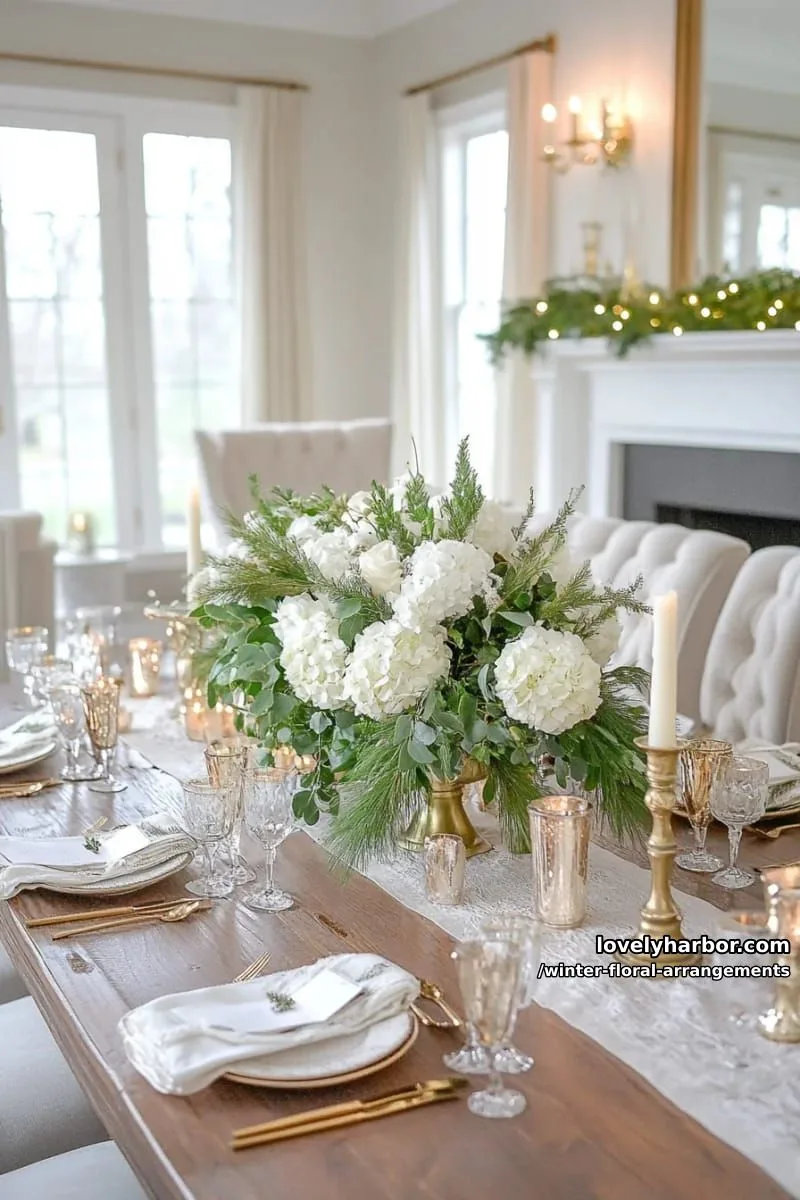 creamy white hydrangeas and cedar sprigs with gold candle centerpiece 1