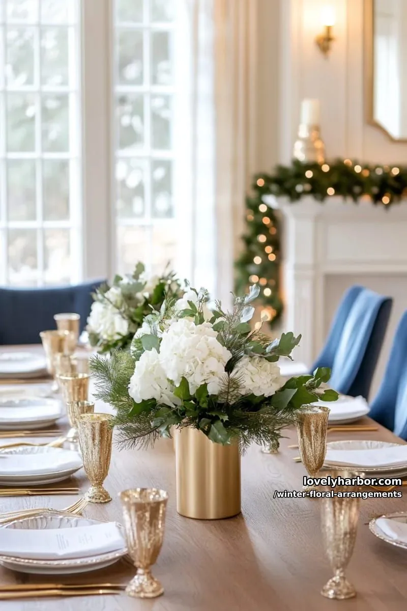 creamy white hydrangeas and cedar sprigs with gold candle centerpiece 1
