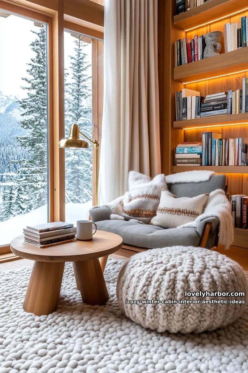 15 Cozy Winter Cabin Interior Ideas for an Aesthetic Retreat 5 create a cozy reading nook with floor-to-ceiling bookshelves and woolen poufs. 1