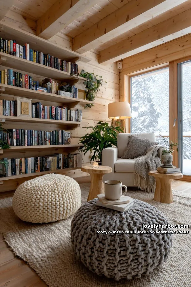 15 Cozy Winter Cabin Interior Ideas for an Aesthetic Retreat 7 create a cozy reading nook with floor-to-ceiling bookshelves and woolen poufs. 1