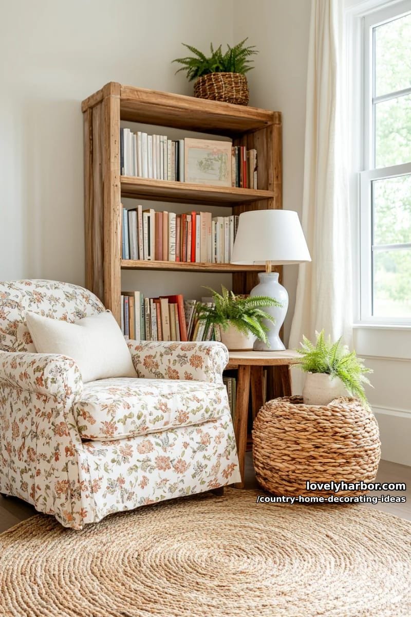 create a cozy reading nook with floral armchairs and a reclaimed wood bookshelf. 1