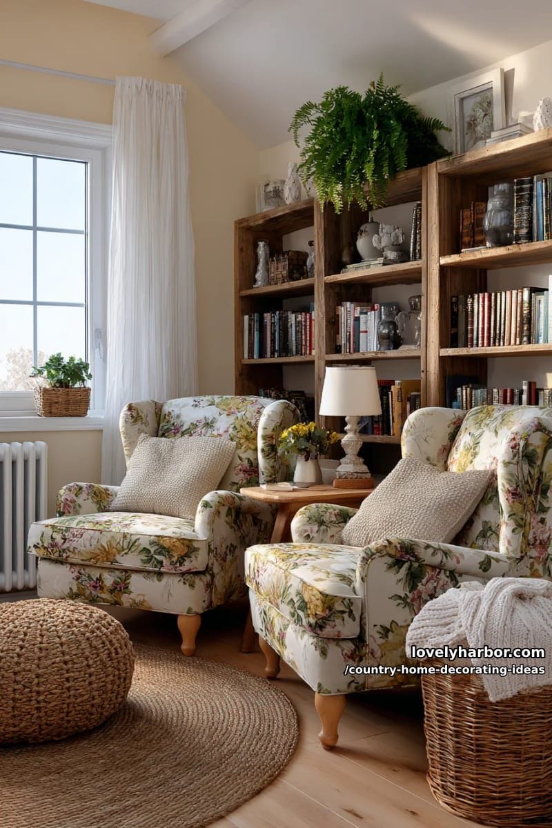 create a cozy reading nook with floral armchairs and a reclaimed wood bookshelf. 1