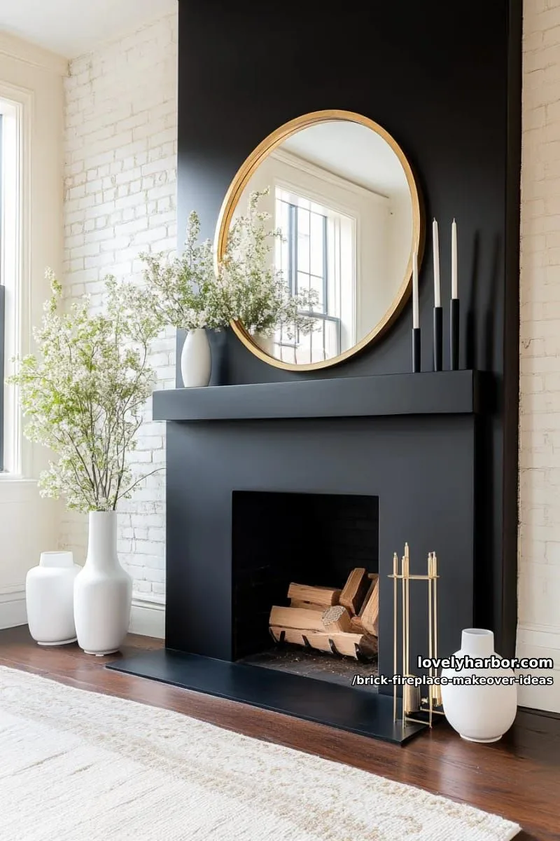 create a dramatic look with matte black paint on brick and mantle. 1