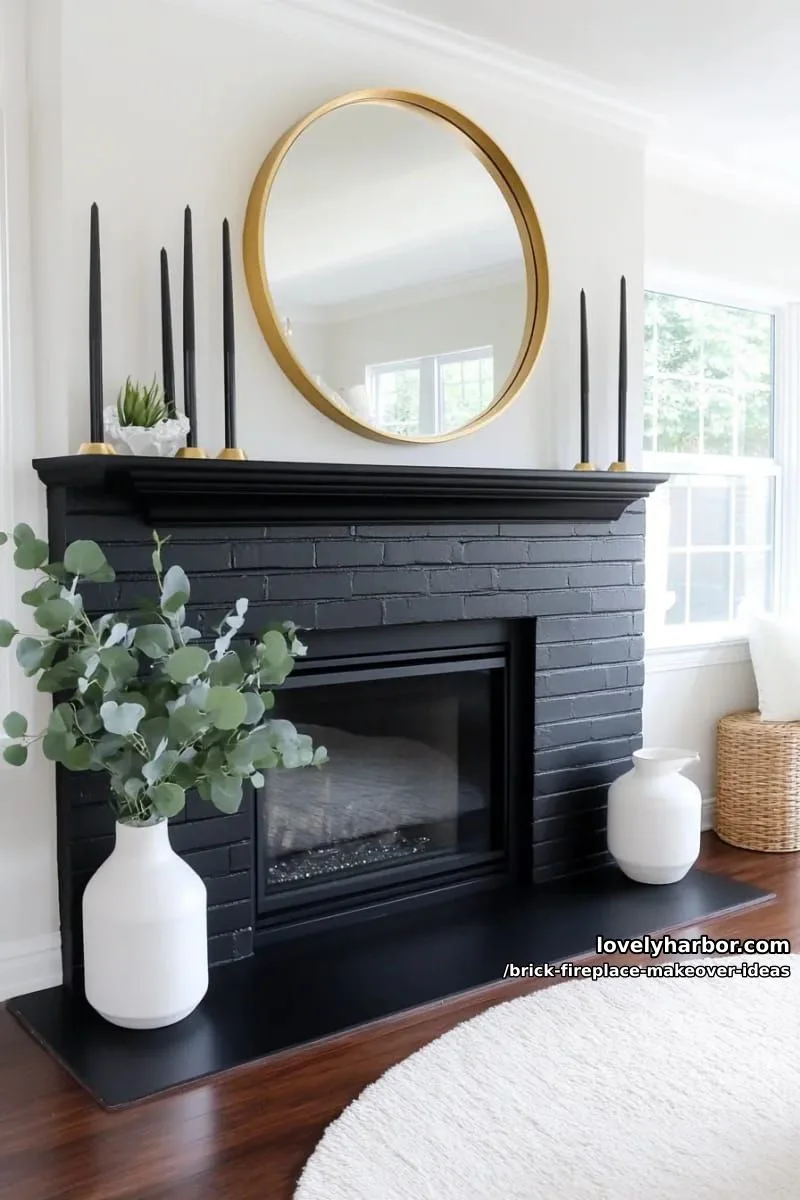 create a dramatic look with matte black paint on brick and mantle. 1