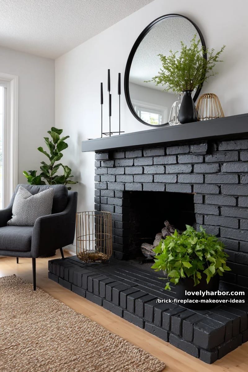 create a dramatic look with matte black paint on brick and mantle. 1