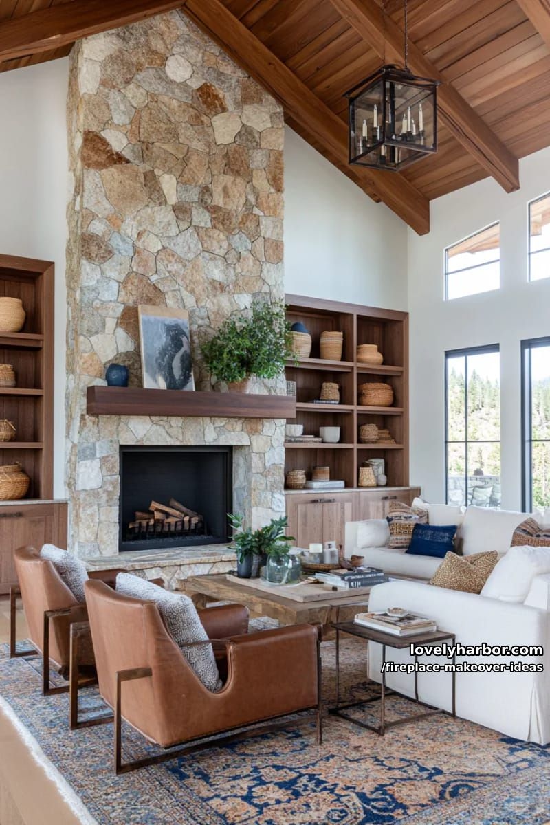 15 ideias inovadoras para reforma de lareira para uma sala de estar elegante 12 crie uma moldura de pedra do chão ao teto para uma elegância rústica dramática. 1