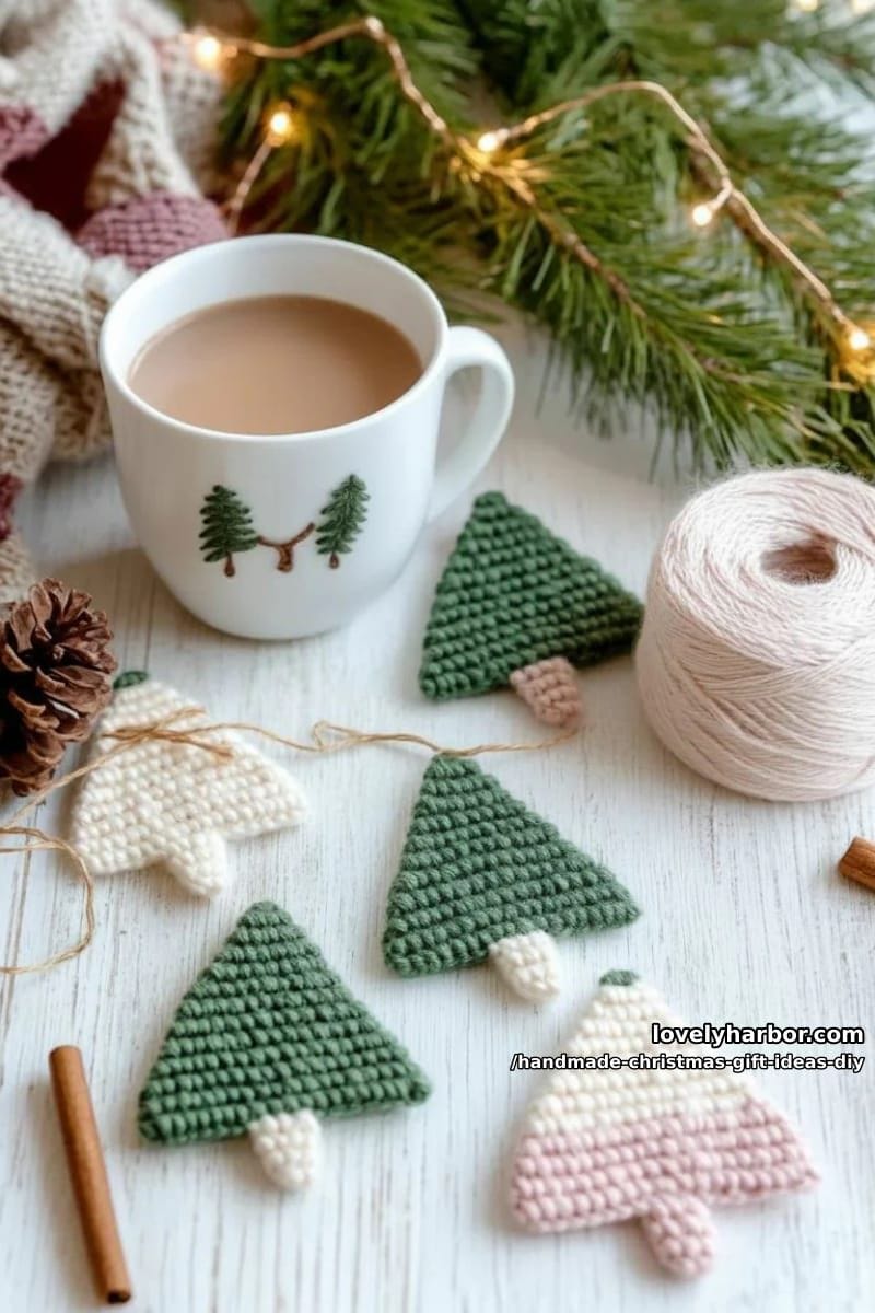 crocheted christmas tree garland using forest green, cream, and blush pink yarn 1