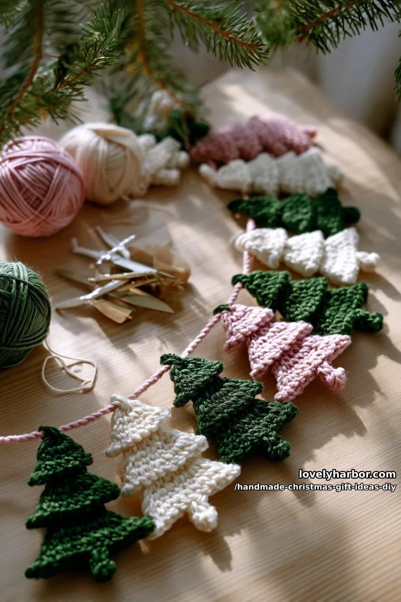 crocheted christmas tree garland using forest green, cream, and blush pink yarn 1