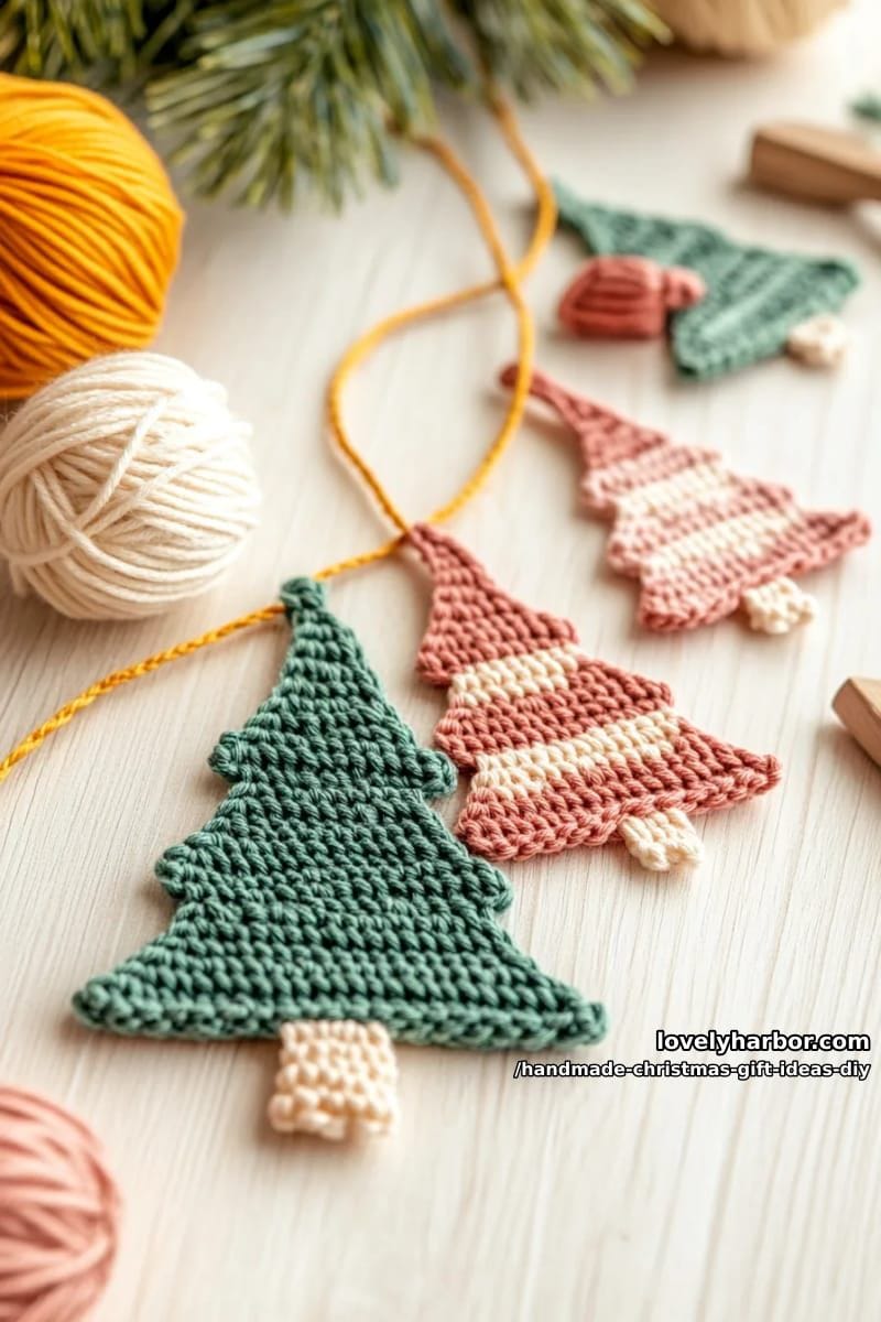 crocheted christmas tree garland using forest green, cream, and blush pink yarn 1