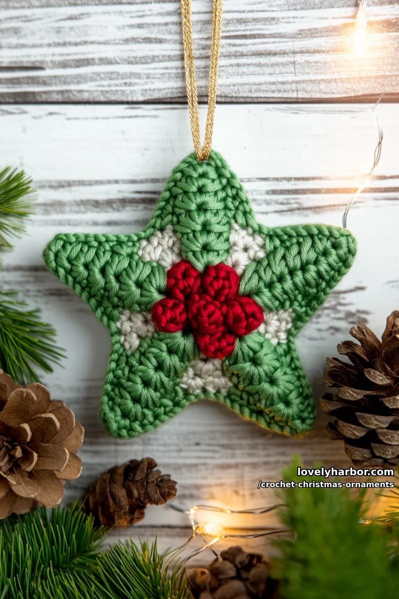 crocheted holly leaves and berries clustered into a star-shaped ornament 1