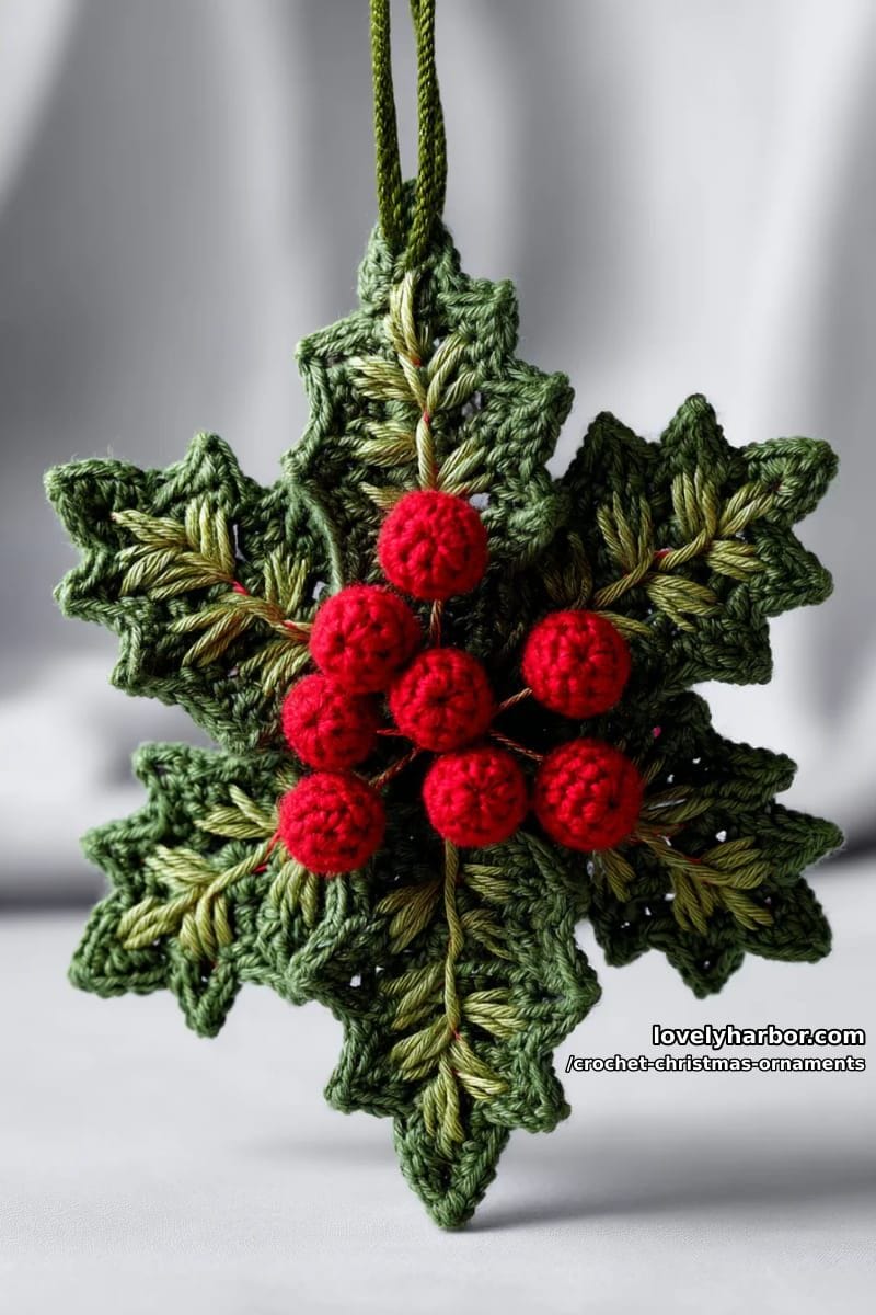 crocheted holly leaves and berries clustered into a star-shaped ornament 1