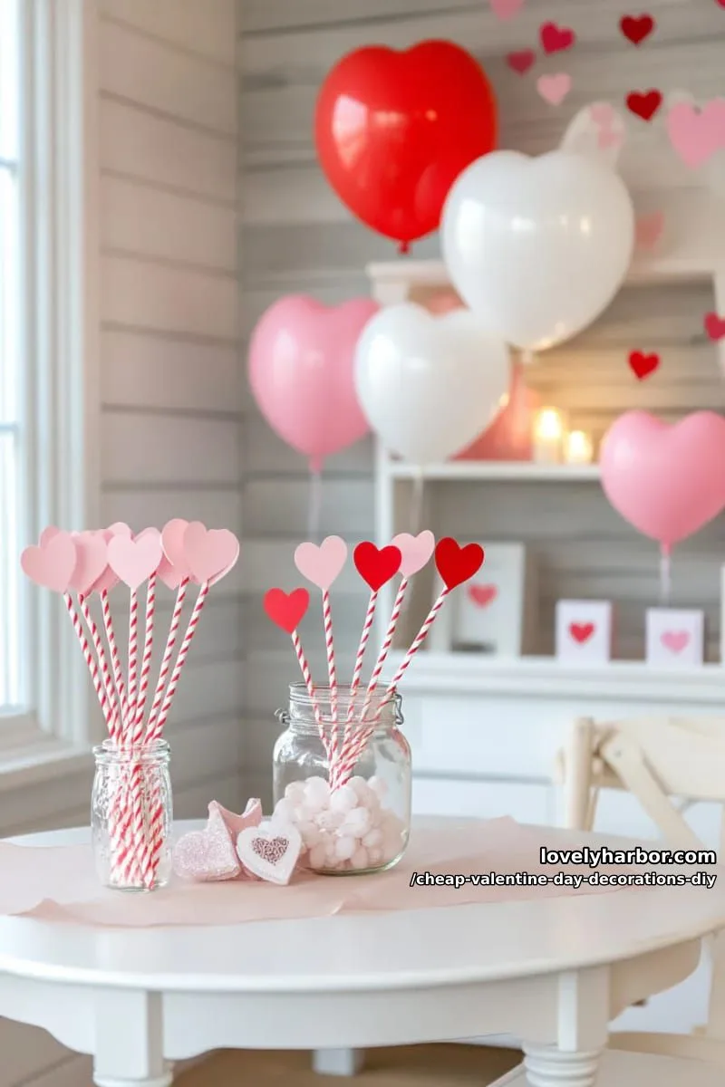 cupid’s arrow straws with red paper hearts on pink striped straws 1
