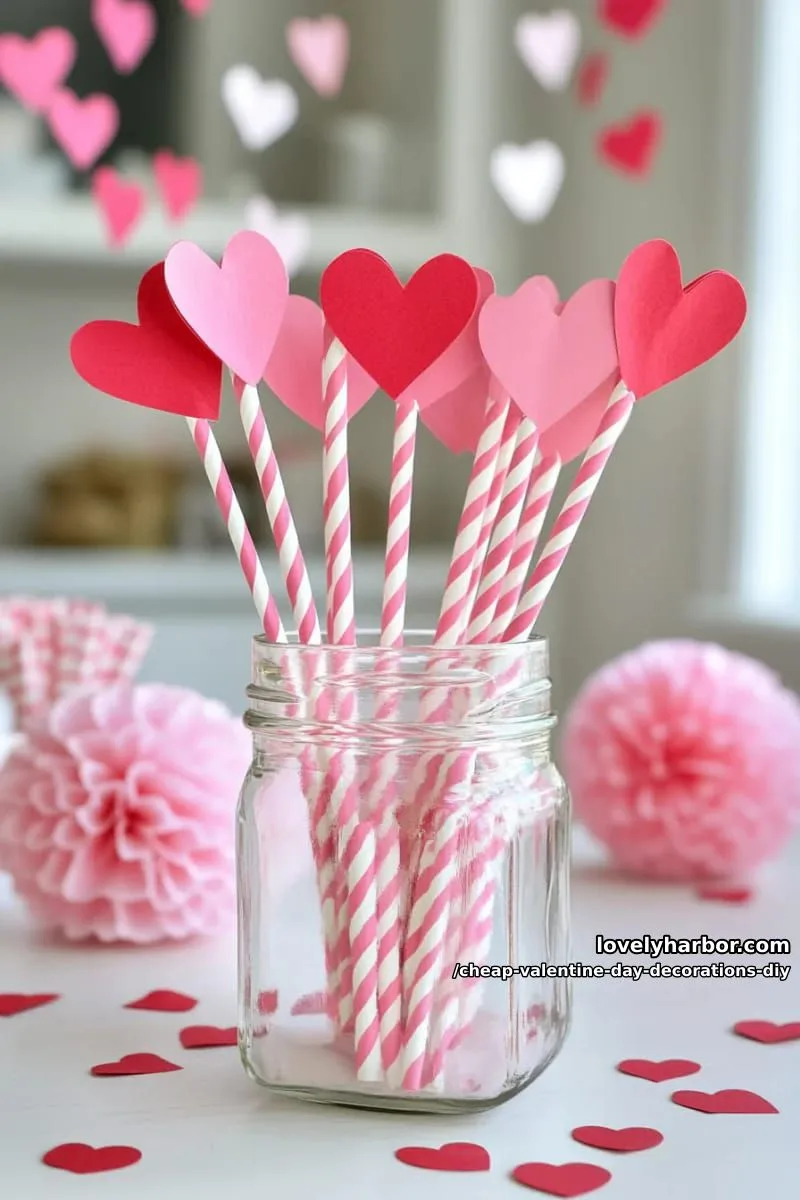 cupid’s arrow straws with red paper hearts on pink striped straws 1