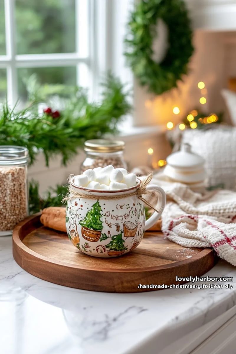 custom hand-painted mug with a mini cocoa mix and marshmallows 1