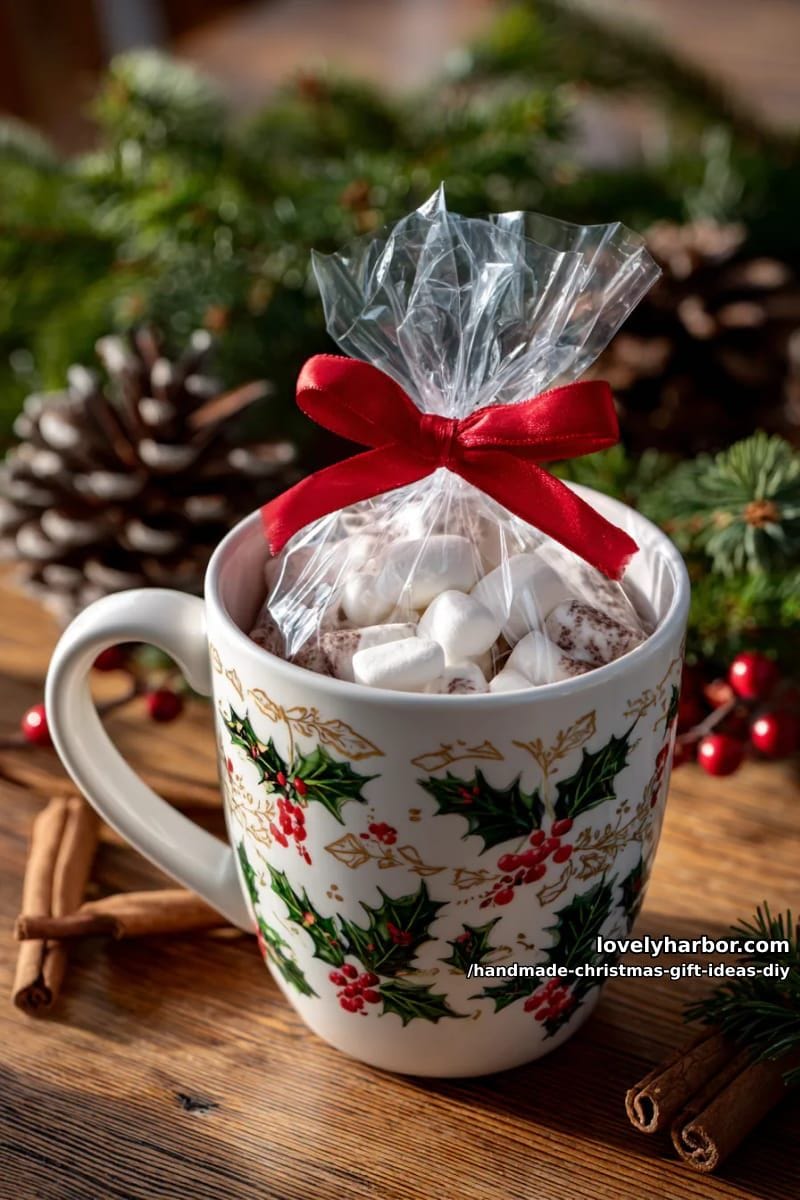 custom hand-painted mug with a mini cocoa mix and marshmallows 1