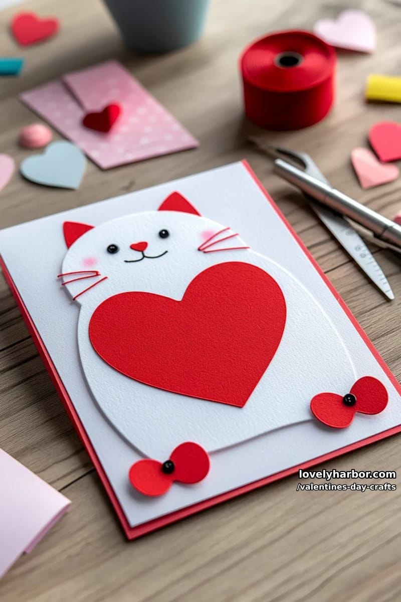 21 Unique Valentine’s Day Crafts to Warm Your Heart 23 cute cat card with heart-shaped tummy and googly eyes 1