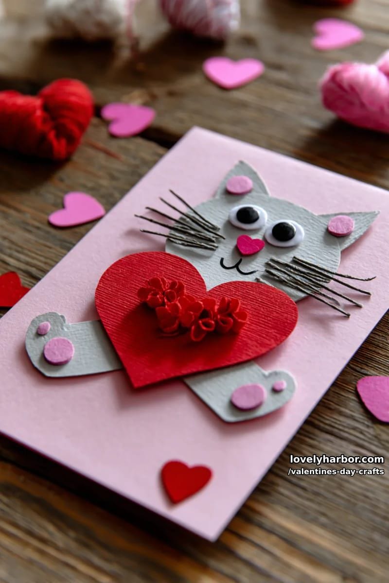 21 Unique Valentine’s Day Crafts to Warm Your Heart 24 cute cat card with heart-shaped tummy and googly eyes 1
