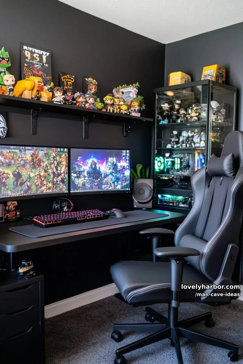 15 Classy Man Cave Ideas to Personalize Your Space 16 dark-themed gaming room with rgb lights and transparent display cabinets for collectibles 1