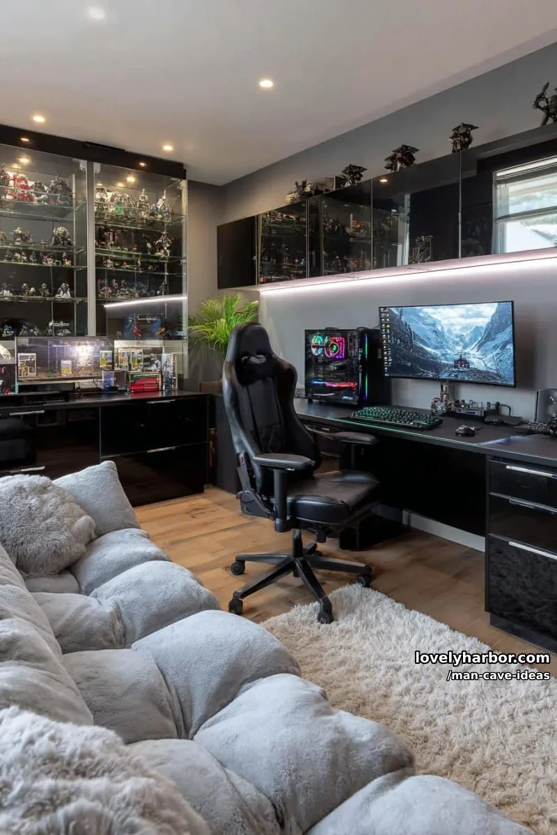 15 Classy Man Cave Ideas to Personalize Your Space 17 dark-themed gaming room with rgb lights and transparent display cabinets for collectibles 1