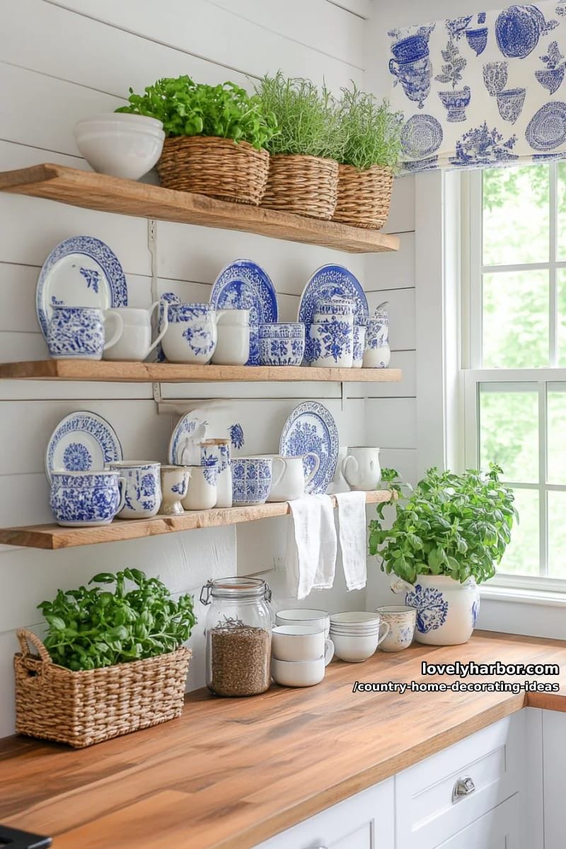 decorate kitchen walls with clusters of blue-and-white ceramic plates and mugs. 1