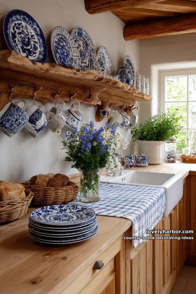 decorate kitchen walls with clusters of blue-and-white ceramic plates and mugs. 1