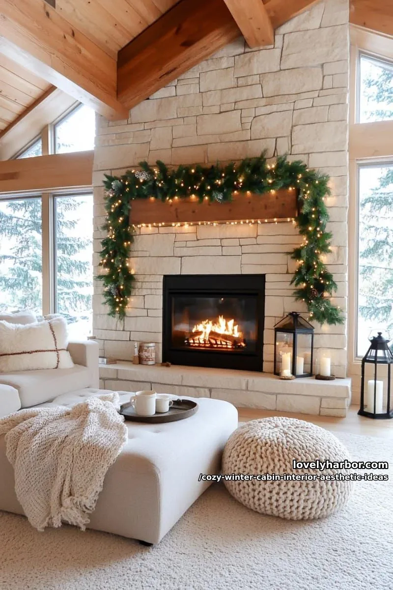 15 Cozy Winter Cabin Interior Ideas for an Aesthetic Retreat 19 decorate with pinecone garlands and greenery above a crackling log mantel. 1