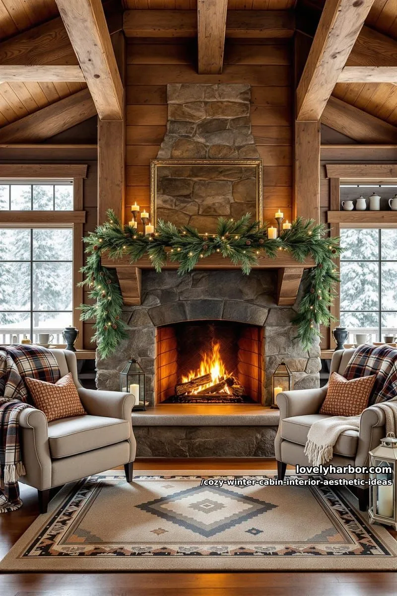 15 Cozy Winter Cabin Interior Ideas for an Aesthetic Retreat 20 decorate with pinecone garlands and greenery above a crackling log mantel. 1