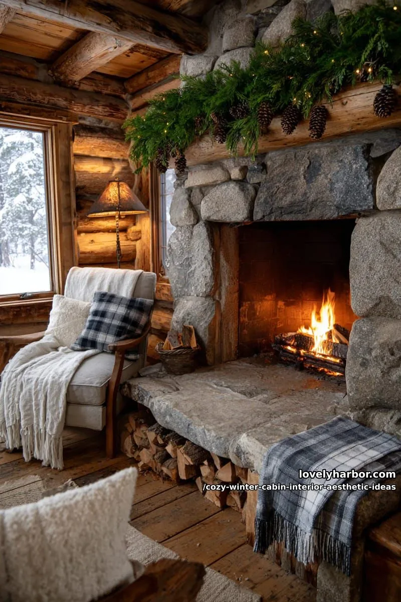 15 Cozy Winter Cabin Interior Ideas for an Aesthetic Retreat 21 decorate with pinecone garlands and greenery above a crackling log mantel. 1