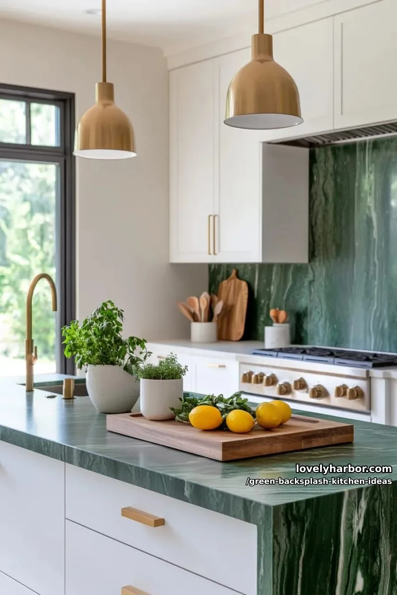 15 Green Backsplash Ideas for Modern Kitchens 27 deep jade slab backsplash with waterfall edge matching the countertops. 1