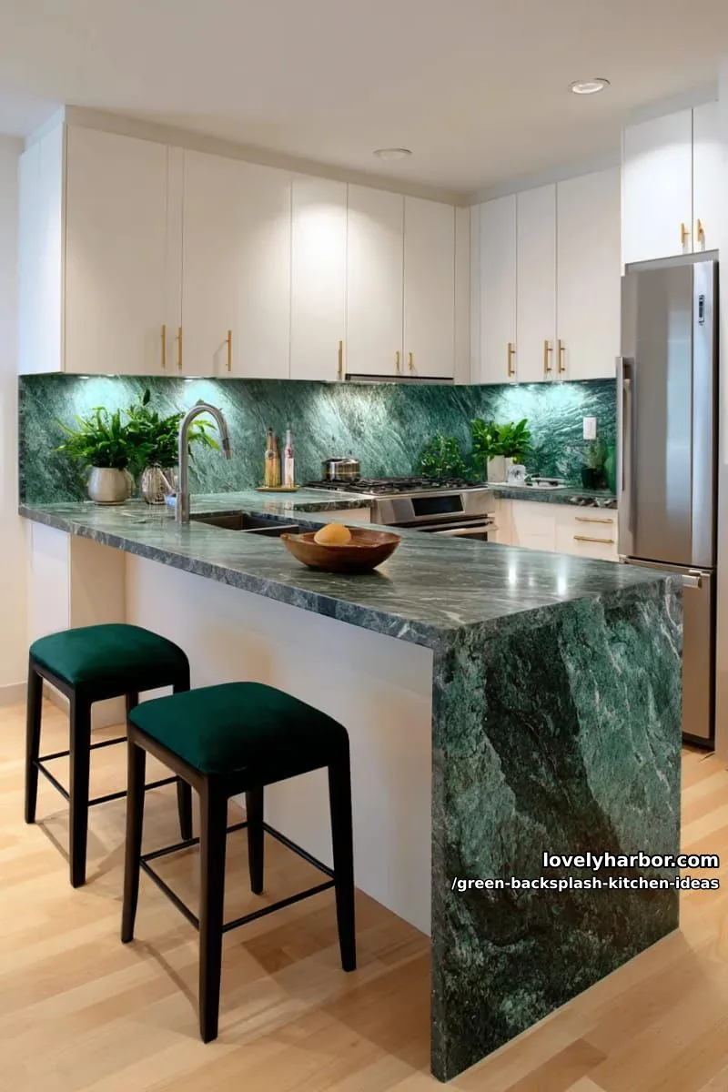 15 Green Backsplash Ideas for Modern Kitchens 28 deep jade slab backsplash with waterfall edge matching the countertops. 1