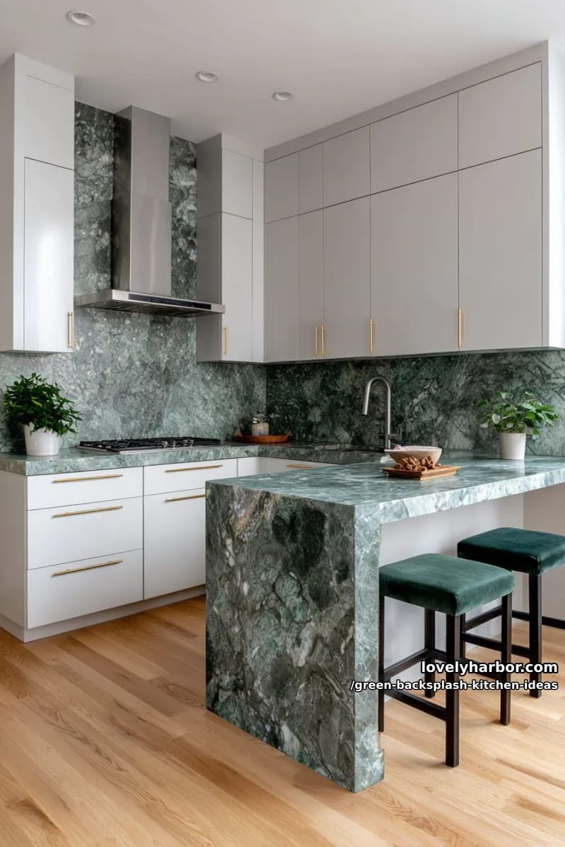 deep jade slab backsplash with waterfall edge matching the countertops. 1
