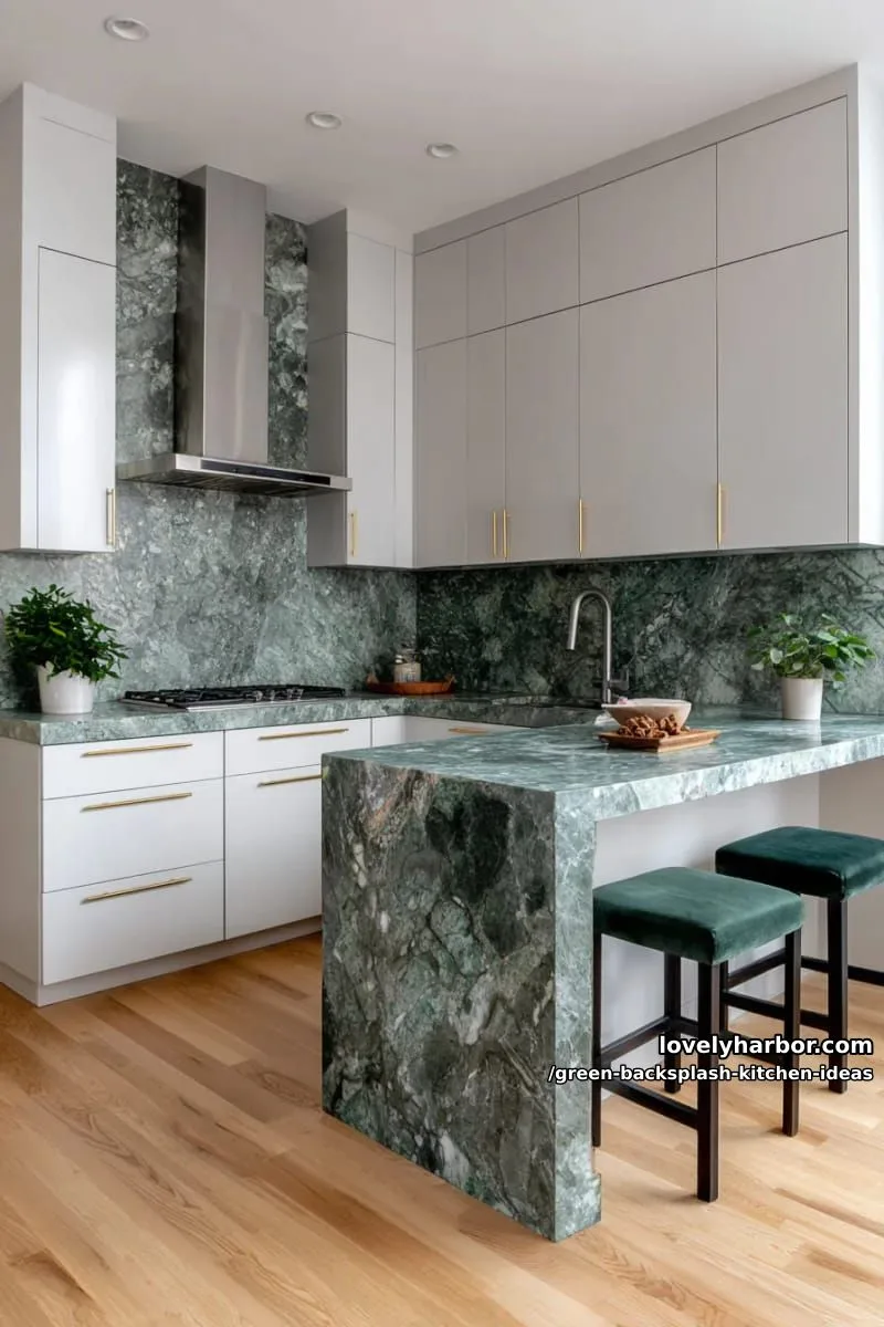 15 Green Backsplash Ideas for Modern Kitchens 29 deep jade slab backsplash with waterfall edge matching the countertops. 1
