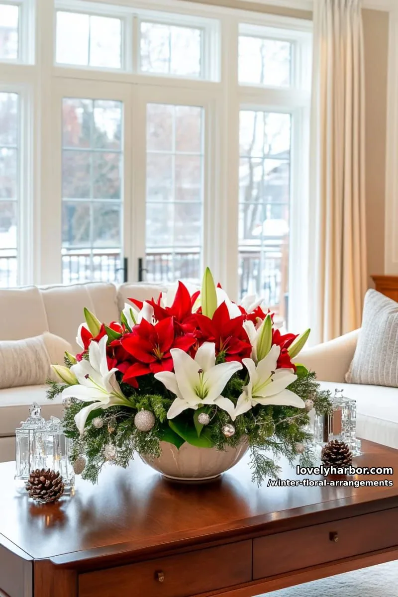 deep red and white lilies surrounded by pine needles and silver ornaments 1