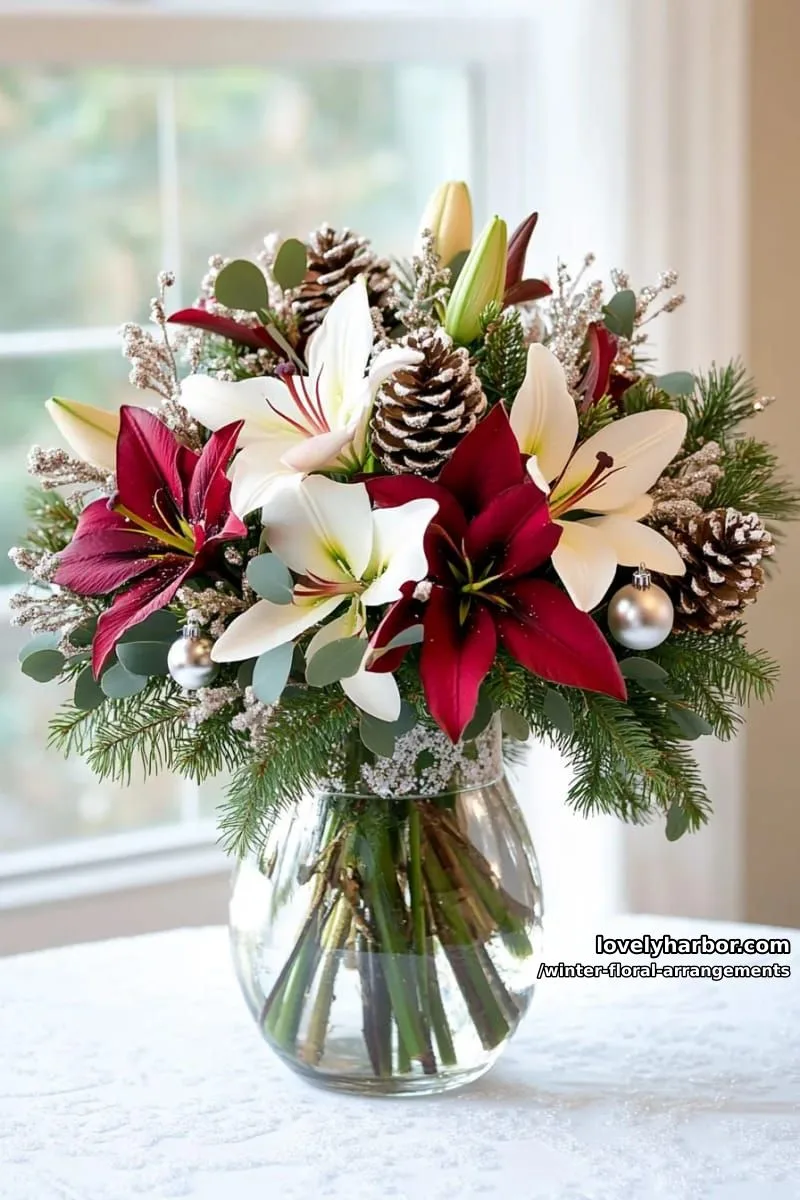 deep red and white lilies surrounded by pine needles and silver ornaments 1