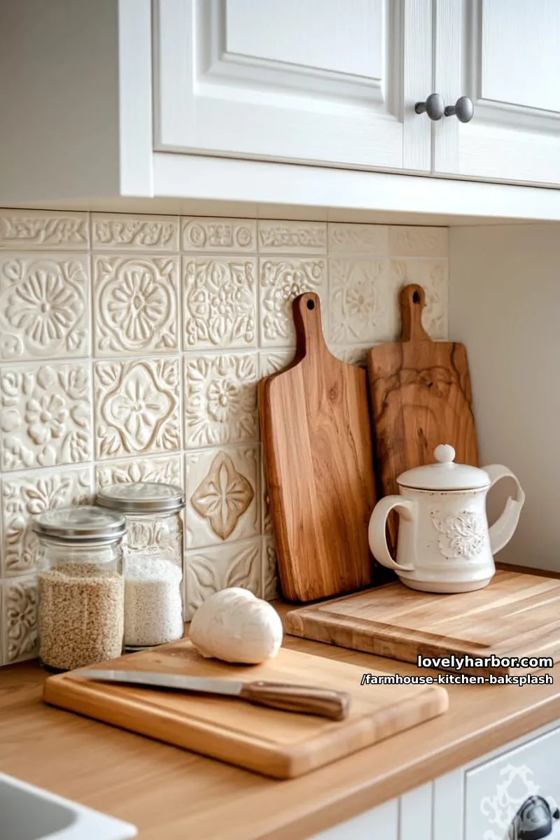 delicate hand-embossed tiles in subtle patterns for an artistic farmhouse touch 1