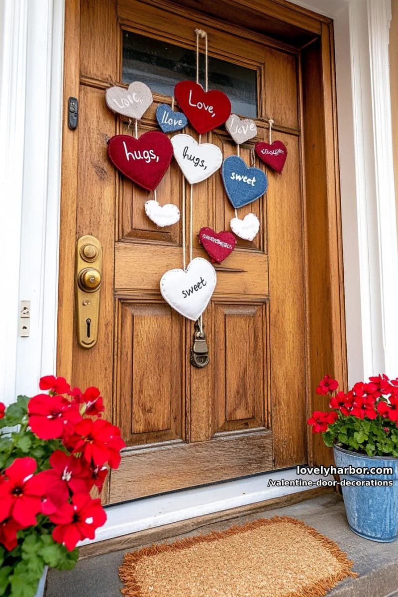 denim and flannel heart chain with hand-embroidered sweet words 1