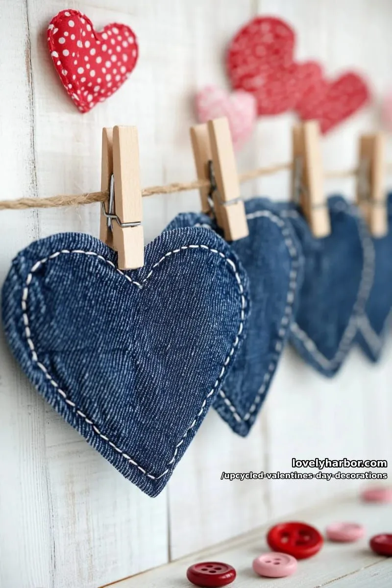 denim jean pocket heart bunting with stitched details and wooden clothespins 1