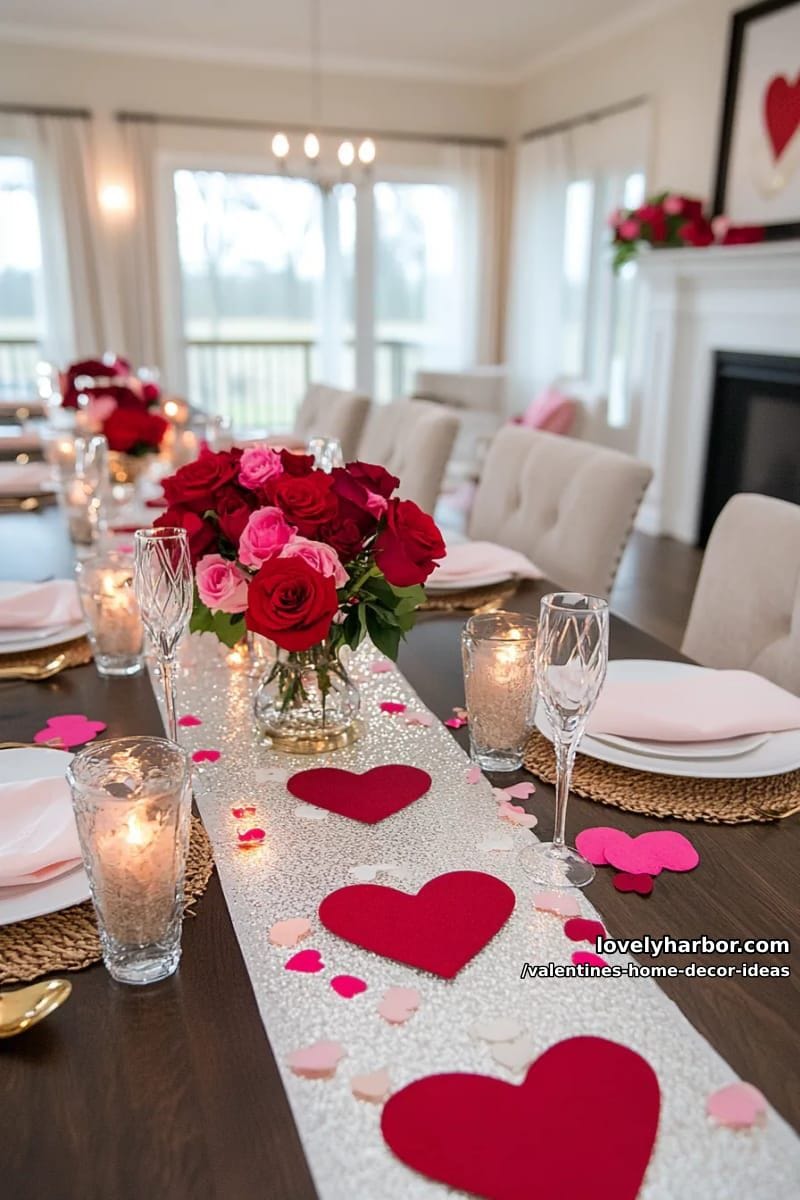 dining table set with heart-shaped placemats, gold candles and red wine 1