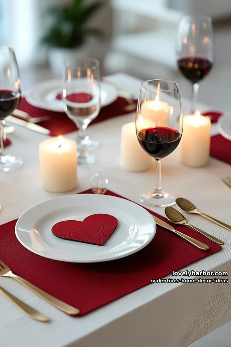 dining table set with heart-shaped placemats, gold candles and red wine 1