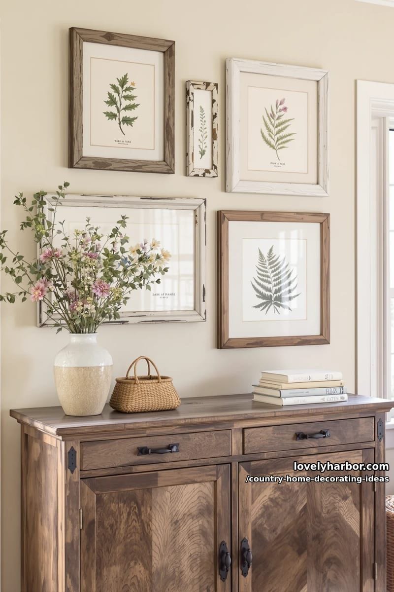 display a wall collage of vintage botanical prints in mismatched wooden frames. 1